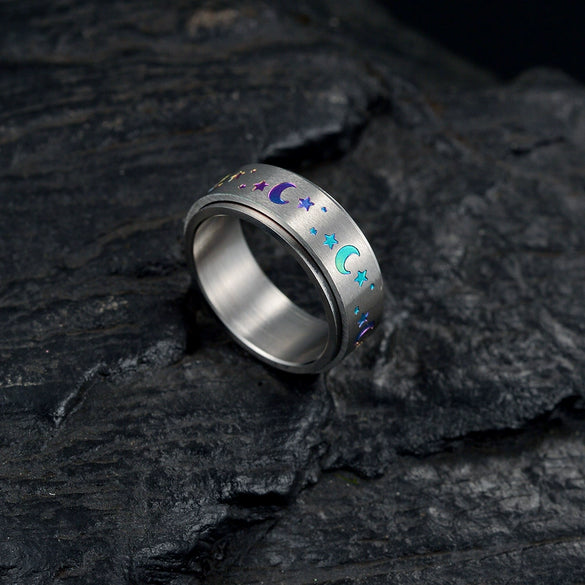 Wholesale Rotatable Electroplated Colorful Star And Moon Stainless Steel Ring With Letters Numbers Text Pattern Unisex Seiko Design