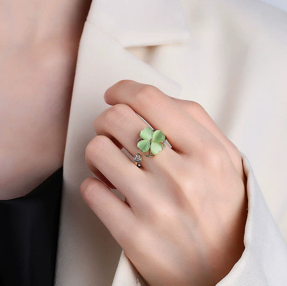 Wholesale Rotatable Green Cat's Eye Four Leaf Clover Ring Copper Electroplating Geometric Women's Fashion Ring