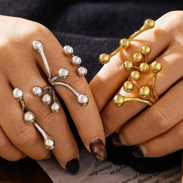 Wholesale Round Ball Casting Titanium Steel Ring Plated 18K Gold With Branch Opening Design Geometric Pattern For Women