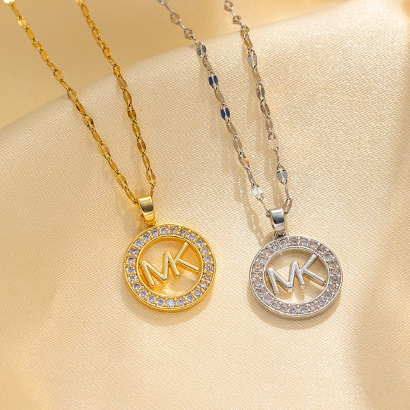 Wholesale Round Letter Pendant Titanium Steel Necklace With Gold Inlaid Geometric Design For Women