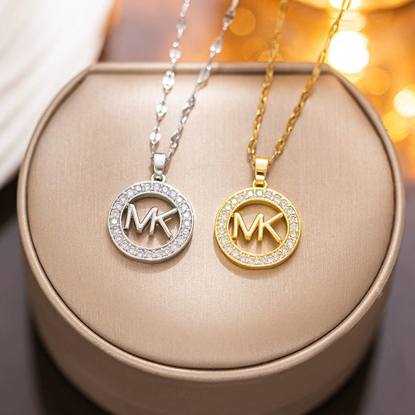 Wholesale Round Letter Pendant Titanium Steel Necklace With Gold Inlaid Geometric Design For Women