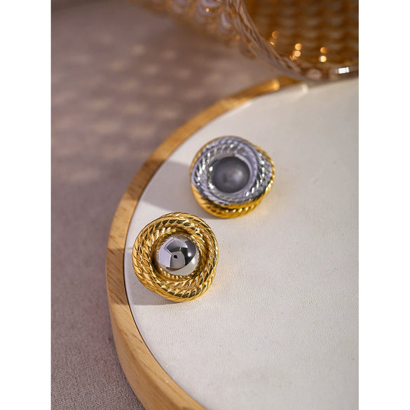 Wholesale Round Thread Texture Double Color Stainless Steel Braided Earrings With Electroplating For Women