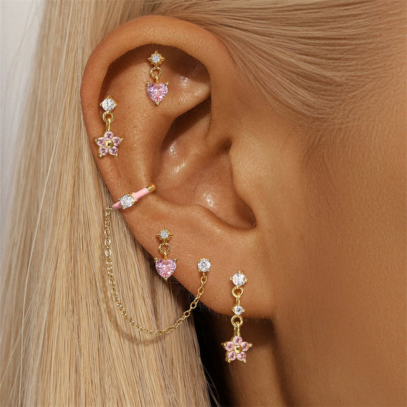 Wholesale S925 Pure Silver Powder Horse Eye Aobao Powder Oil Five Petal Flower Electroplated Unisex Ear Clip Ear Buckle