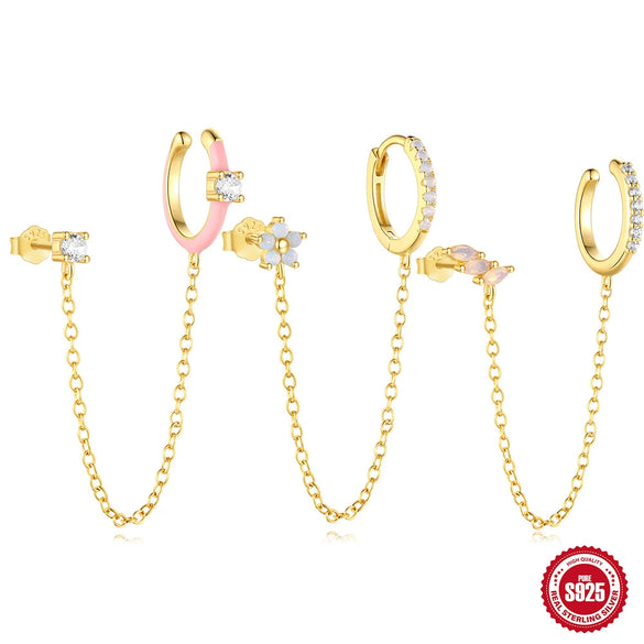 Wholesale S925 Pure Silver Powder Horse Eye Aobao Powder Oil Five Petal Flower Electroplated Unisex Ear Clip Ear Buckle