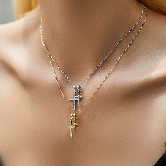 Wholesale S925 Silver Double Cross Female Niche Trendy Literary Clavicle Chain With Full Diamond Design