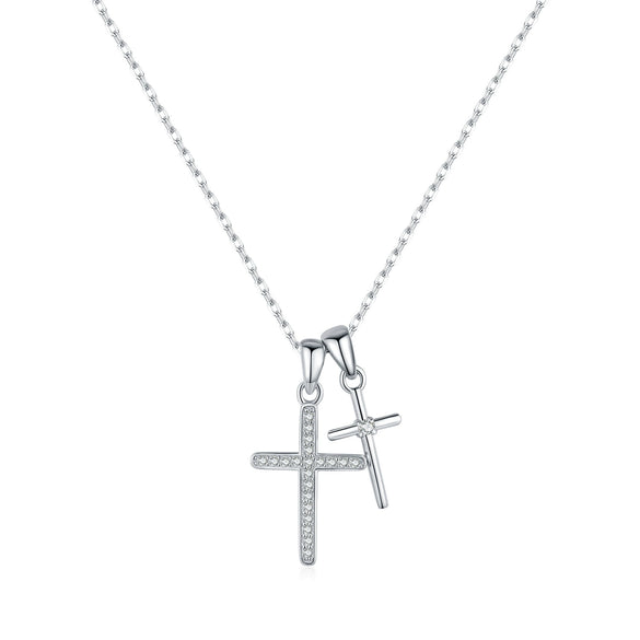 Wholesale S925 Silver Double Cross Female Niche Trendy Literary Clavicle Chain With Full Diamond Design