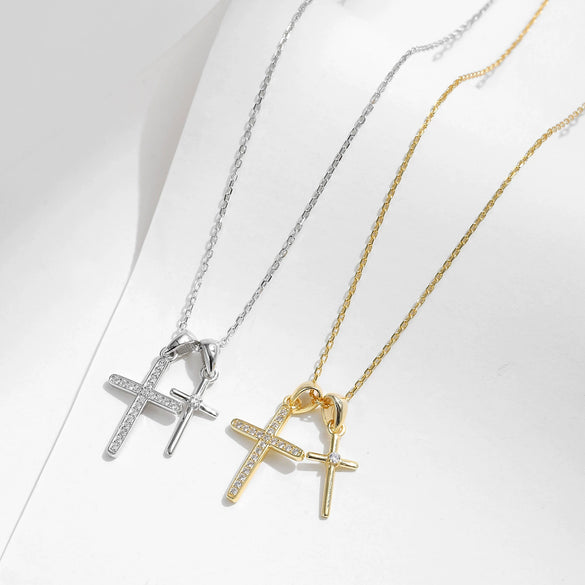 Wholesale S925 Silver Double Cross Female Niche Trendy Literary Clavicle Chain With Full Diamond Design