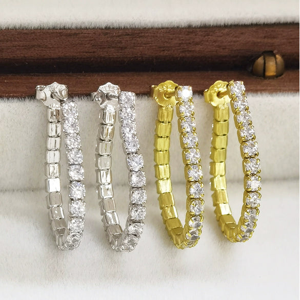 Wholesale S925 Silver Earrings With Row Diamond Chain Dense Inlaid Zircon Geometric Design Niche And High End Style For Women