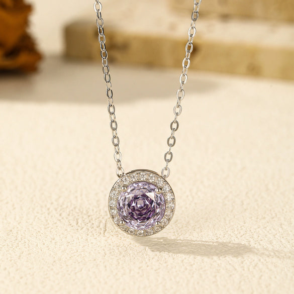 Wholesale S925 Silver Flower Shaped Imitation Diamond Necklace With Electroplating For Women Lavender Purple Rose Cut Light Luxury Style