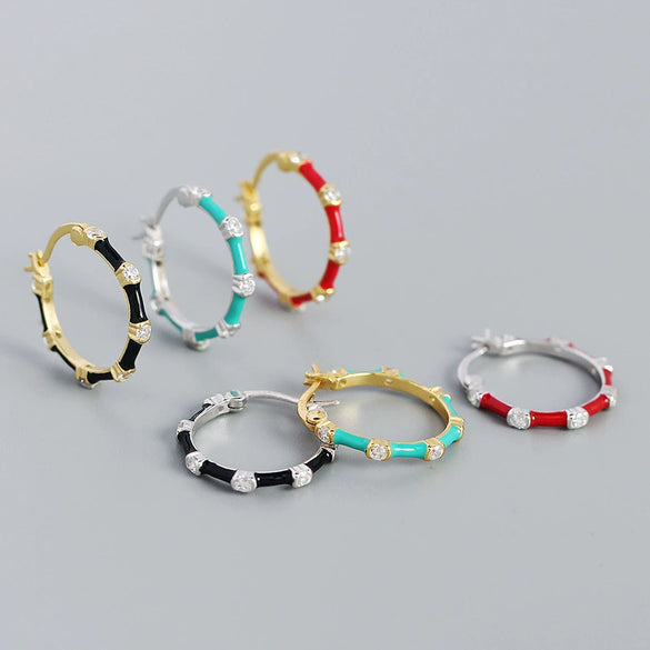 Wholesale S925 Silver Geometric Bamboo Diamond Enamel Dripping Oil Ear Buckle Earrings