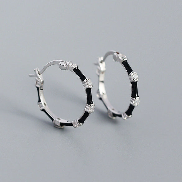 Wholesale S925 Silver Geometric Bamboo Diamond Enamel Dripping Oil Ear Buckle Earrings