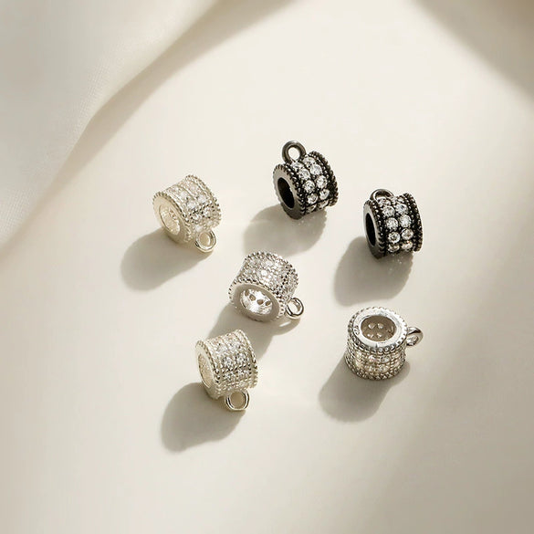 Wholesale S925 Silver Inlaid Zircon Round Perforated Spacer Loose Beads Handmade Diy Threeway Beads Pendant Connecting Ring