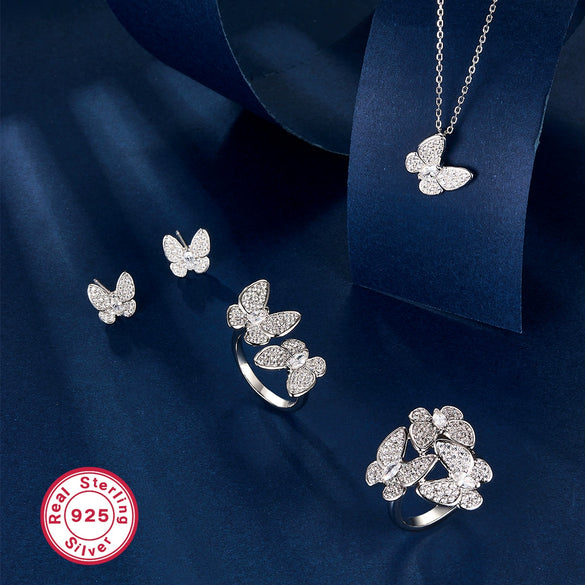 Wholesale S925 Silver Jewelry Set With Retro Elegant Blue Butterfly Pattern Inlaid With Zircon Stud Earrings Ring And Necklace For Women