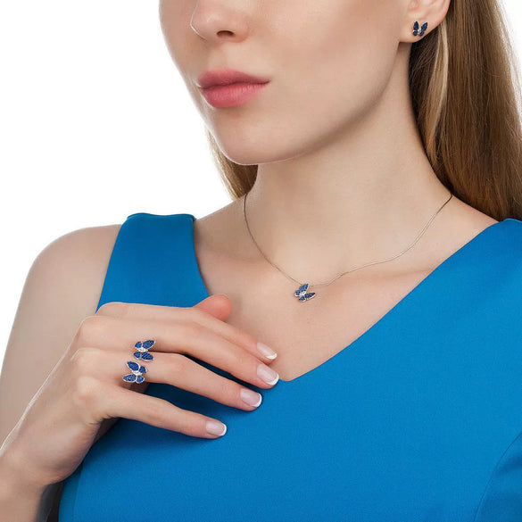 Wholesale S925 Silver Jewelry Set With Retro Elegant Blue Butterfly Pattern Inlaid With Zircon Stud Earrings Ring And Necklace For Women