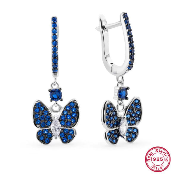 Wholesale S925 Silver Jewelry Set With Retro Elegant Blue Butterfly Pattern Inlaid With Zircon Stud Earrings Ring And Necklace For Women