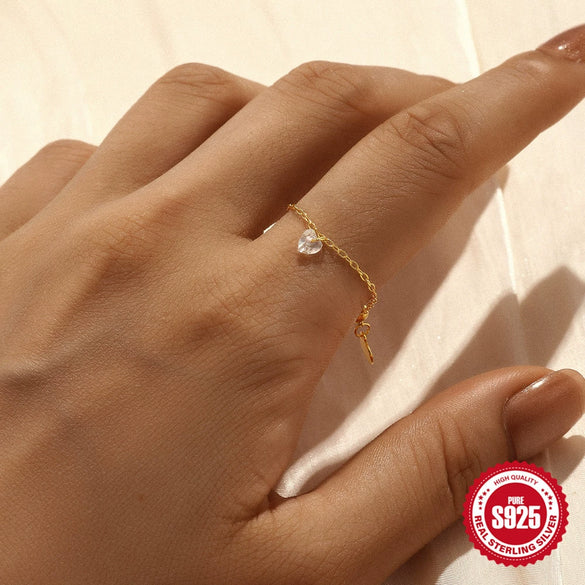 Wholesale S925 Silver Light Luxury Inlaid Zircon Opening Ring With Adjustable Chain Electroplated Geometric Style For Women