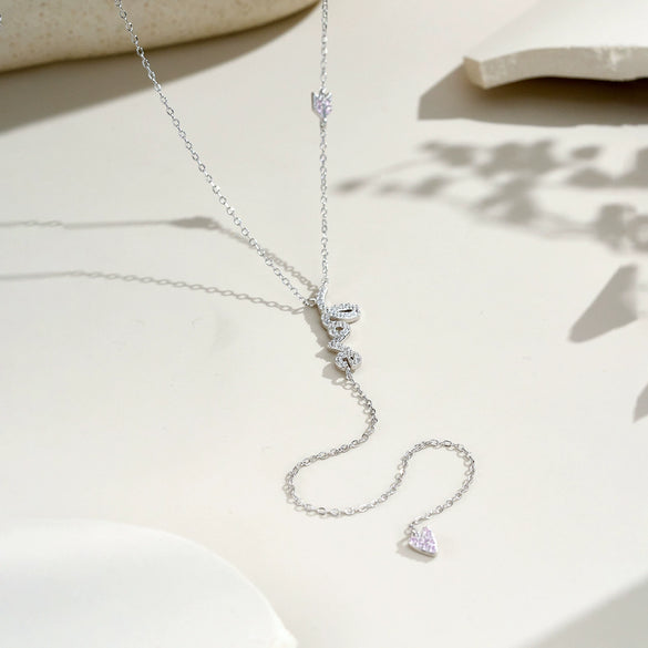 Wholesale S925 Silver Love Long Tassel Necklace With English Letter Geometric Pattern Electroplated With Platinum Or 18K Gold