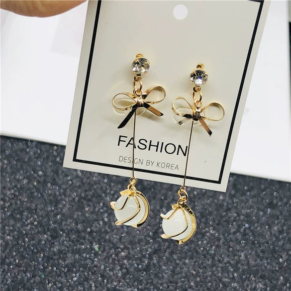 Wholesale S925 Silver Needle Long Opal Bow Ear Stud Earrings With Geometric Pattern And Electroplating