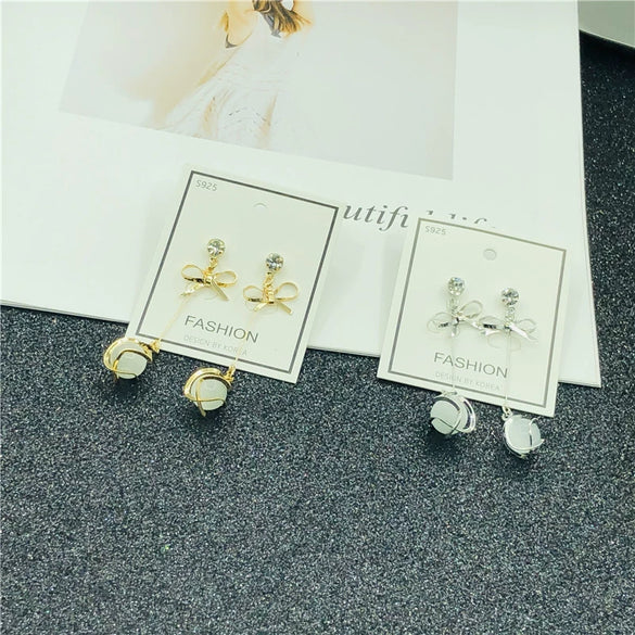 Wholesale S925 Silver Needle Long Opal Bow Ear Stud Earrings With Geometric Pattern And Electroplating