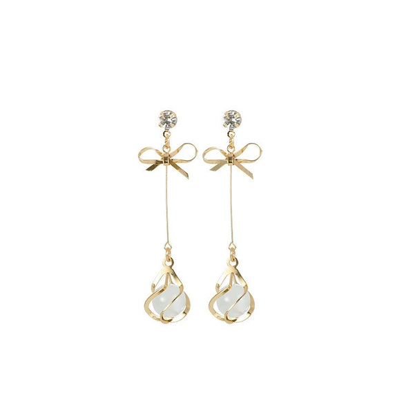 Wholesale S925 Silver Needle Long Opal Bow Ear Stud Earrings With Geometric Pattern And Electroplating