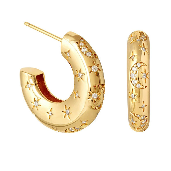 Wholesale S925 Silver Needle Metal Style Crushed Zirconium C Shaped Star And Moon Earrings For Women With Diamond Treatment
