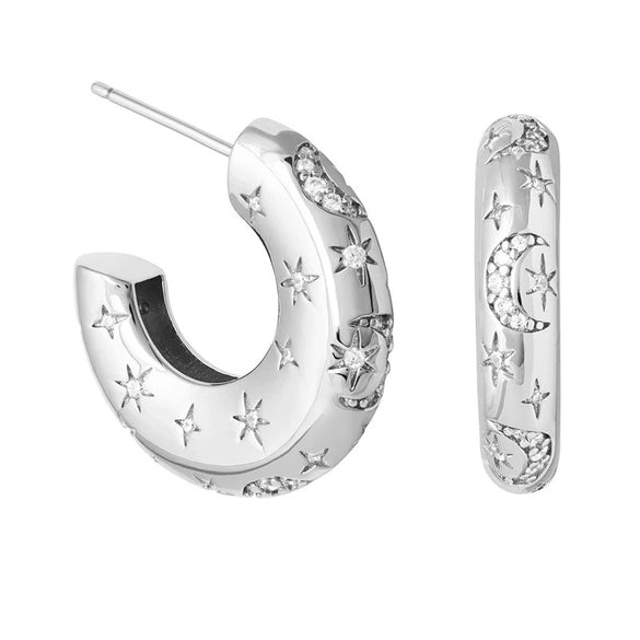 Wholesale S925 Silver Needle Metal Style Crushed Zirconium C Shaped Star And Moon Earrings For Women With Diamond Treatment