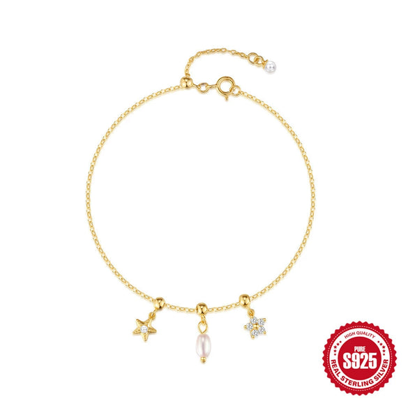 Wholesale S925 Silver Niche Design Pearl Five Petal Flower Starfish Adjustable Bracelet With Zirconia Treatment And Geometric Style