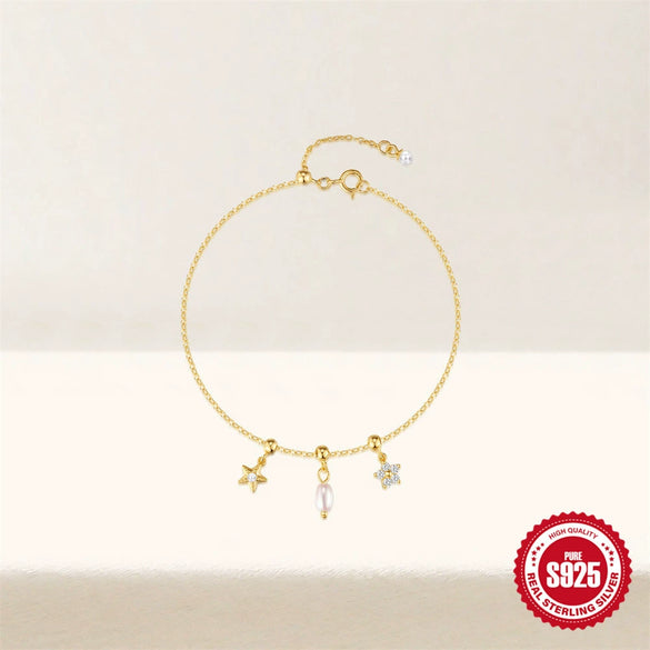 Wholesale S925 Silver Niche Design Pearl Five Petal Flower Starfish Adjustable Bracelet With Zirconia Treatment And Geometric Style