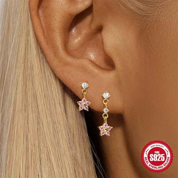 Wholesale S925 Silver Niche Design Powder Zirconium Five Petal Flower Geometric Pattern Elegant All Match Women's Earrings