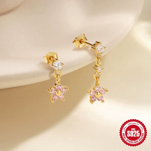Wholesale S925 Silver Niche Design Powder Zirconium Five Petal Flower Geometric Pattern Elegant All Match Women's Earrings