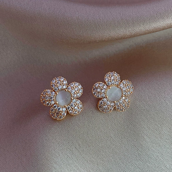 Wholesale S925 Silver Pearl Electroplated Alloy Flower Water Drop Cat's Eye Earrings For Women