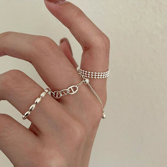 Wholesale S925 Silver Plated Copper Women's Retro Creative Pull Small Ring With Flower Chain Tassel And Geometric Pattern