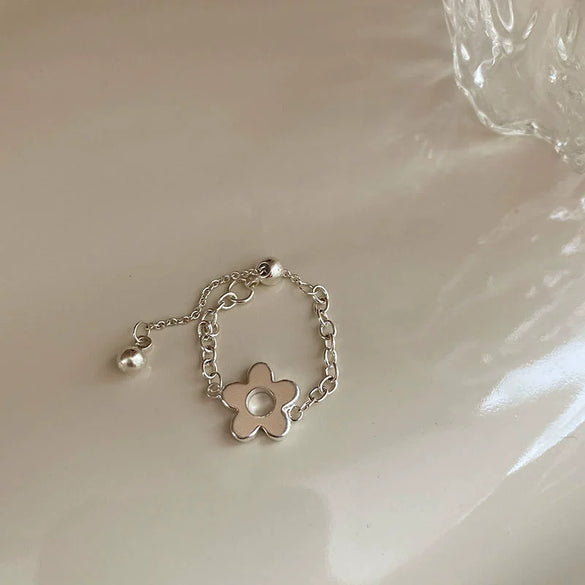 Wholesale S925 Silver Plated Copper Women's Retro Creative Pull Small Ring With Flower Chain Tassel And Geometric Pattern