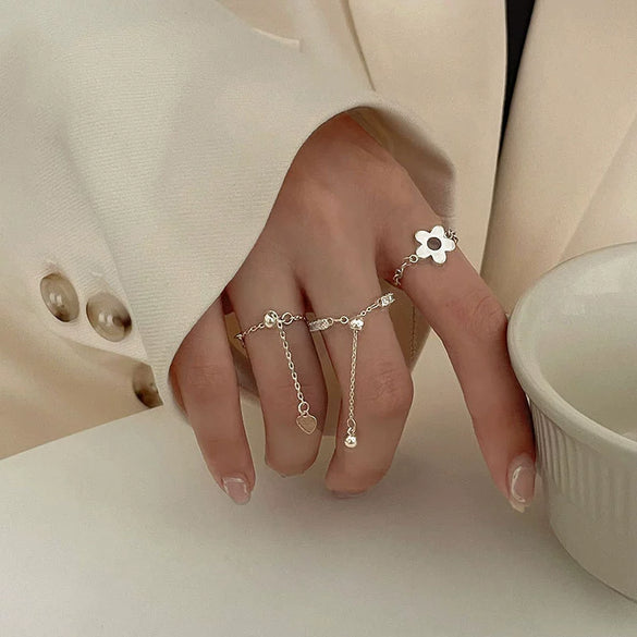Wholesale S925 Silver Plated Copper Women's Retro Creative Pull Small Ring With Flower Chain Tassel And Geometric Pattern