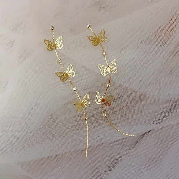 Wholesale S925 Silver Rhinestone Geometric Butterfly Super Long Tassel Earrings For Women