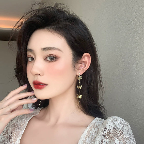 Wholesale S925 Silver Rhinestone Geometric Butterfly Super Long Tassel Earrings For Women