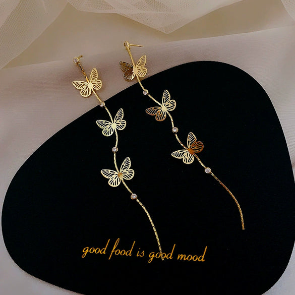 Wholesale S925 Silver Rhinestone Geometric Butterfly Super Long Tassel Earrings For Women