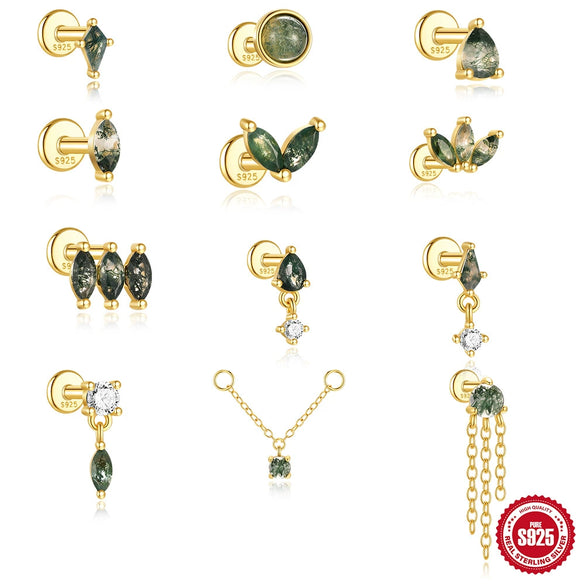 Wholesale S925 Silver Simple Fashion Natural Water Grass Agate Geometric Earrings With Zirconia Processing For Women