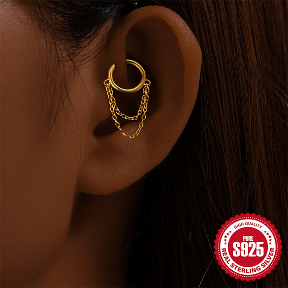 Wholesale S925 Silver Simple Tassel Seamless Circle Piercing Earrings With Electroplating And Alloy Inlaid Artificial Gem Or Semi Precious Stone In Trendy Fashion Style