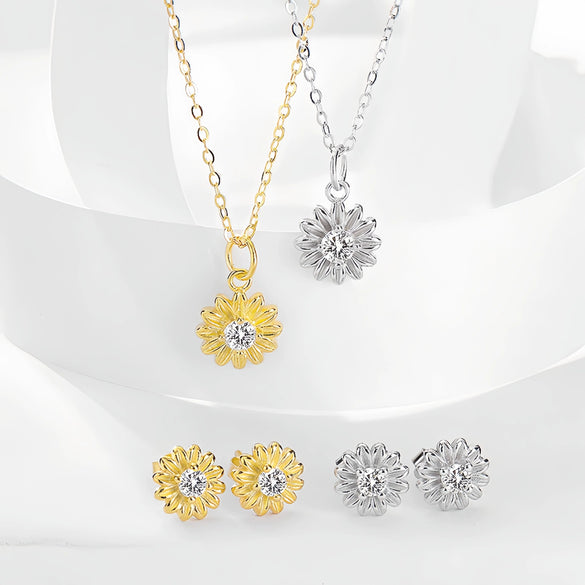 Wholesale S925 Silver Sunflower Geometric Jewelry Set For Women With Light Luxury Temperament Necklace And Earrings With Clavicle Chain