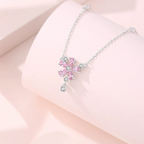 Wholesale S925 Silver Tassel Peach Blossom Geometric Natural Style Diamond Inlaid Necklace For Women