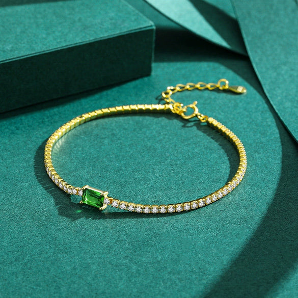 Wholesale S925 Silver Women's Bracelet With Geometric Pattern And Micro Inlay Artificial Diamond And Green Zirconium