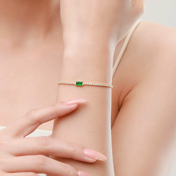 Wholesale S925 Silver Women's Bracelet With Geometric Pattern And Micro Inlay Artificial Diamond And Green Zirconium