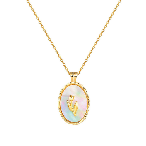 Wholesale S925 Silver Women's Retro Elegant Clavicle Chain With Stereo Tulip White Motherofpearl Pendant And Electroplating Treatment