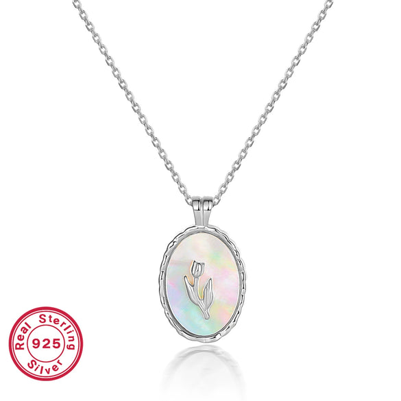 Wholesale S925 Silver Women's Retro Elegant Clavicle Chain With Stereo Tulip White Motherofpearl Pendant And Electroplating Treatment