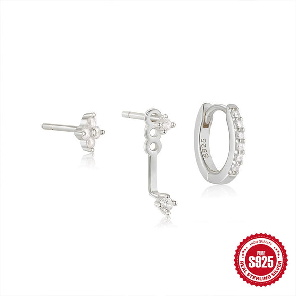 Wholesale S925 Silver Women's Threepiece Set Earrings With Horse Eye Zircon And Leaf Design Electroplated Geometric Style