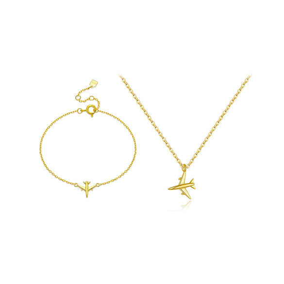 Wholesale S925 Sterling Silver Aircraft Pendant Necklace And Bracelet With Adjustable Cross Chain Electroplated Platinum Or 18K Gold Simple Style Unisex