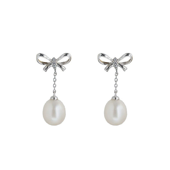 Wholesale S925 Sterling Silver And Freshwater Pearl Bow Handmade Earrings For Women