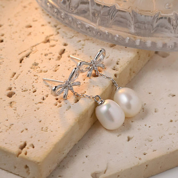 Wholesale S925 Sterling Silver And Freshwater Pearl Bow Handmade Earrings For Women