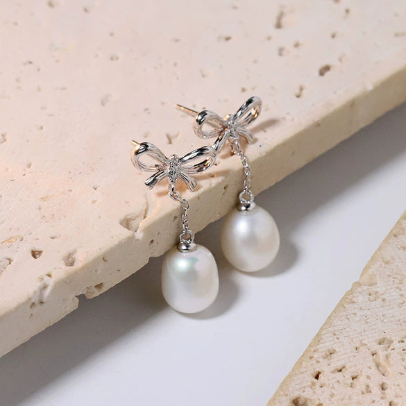 Wholesale S925 Sterling Silver And Freshwater Pearl Bow Handmade Earrings For Women